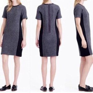 J. Crew Gray Black Tweed Wool Mixed Hounds Tooth Leather Collar Shift Dress Sz 6